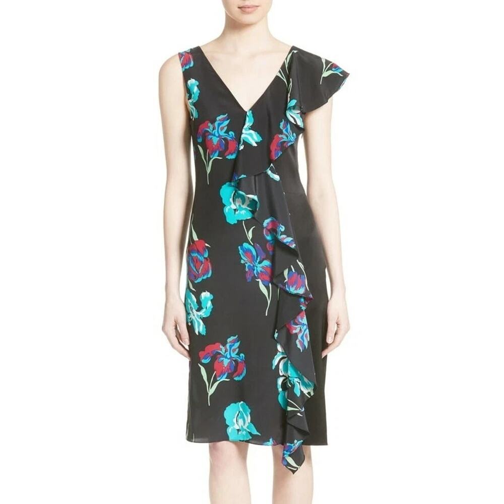 Diane von Furstenberg Silk Side Ruffle Sheath Dress Black Size 8 EUC